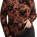 WDIRARA Women's Plus Size Floral Jacquard See Through Mesh Top Lace Mock Neck Long Sleeve Shirts (Brown, XL)