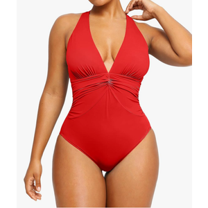 SHAPELLX Women's One Piece Swimsuit Tummy Control Ruched Full Coverage Bathing Suit V Neck Slimming Swimwear, Large