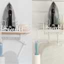 Farmhouse Ironing Board Hanger Wall Mount or Over the Door - Universal Laundry Room Ironing Board Holder Caddy with Iron Holder Shelf - Adjustable Hooks to Hold Ironing Boards Large & Small - White