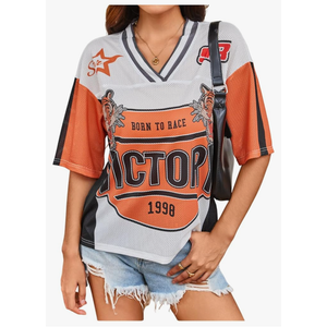 RoseSeek Women's Number Print Mesh Jersey Shirt Color Block V Neck Short Sleeve Football T-Shirt XL