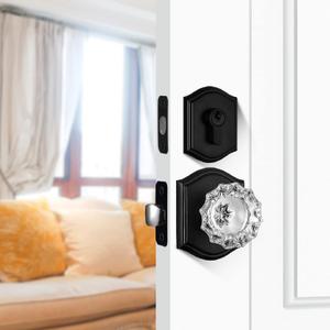Crystal Glass Passage Door Knob and Single Cylinder Deadbolt Combo Set, Matte Black Finish, Keyed Alike