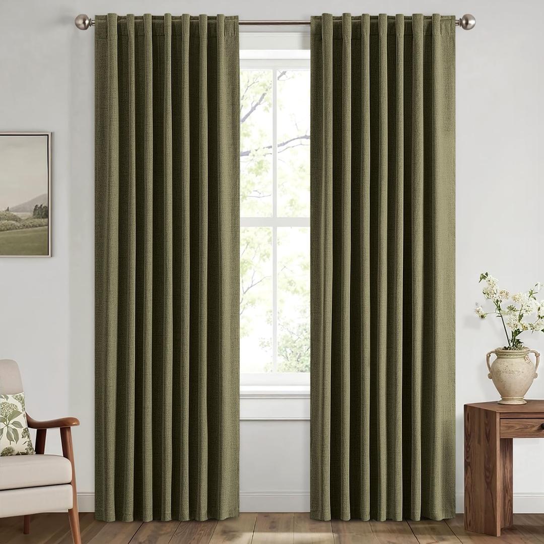 MIULEE 100% Blackout Linen Curtains for Bedroom, Light Olive Green Solid Luxury Decor Thermal Insulation Room Darkening Drapes for Living Room Nursery Back Tab Rod Pocket 42 x 72 Inches, 2 Panels