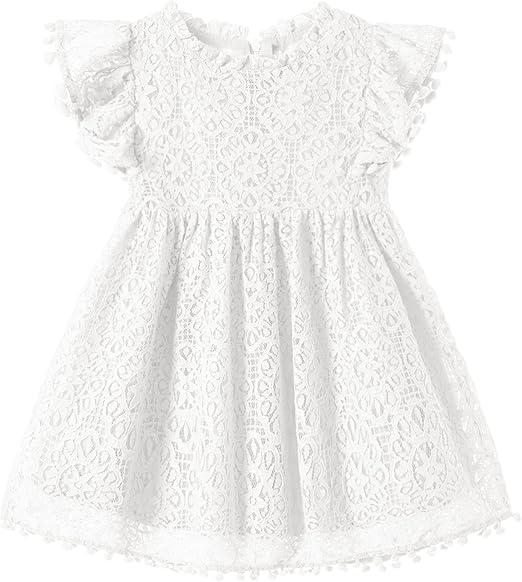 Niyage Toddler Girls Elegant Lace Pom Pom Flutter Sleeve Party Princess Dress White 3T