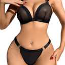MakeMeChic Women's 2 Piece Lingerie Set Ring Linked Mesh Sheer Bra and Thong Nightwear (Black, Size M )