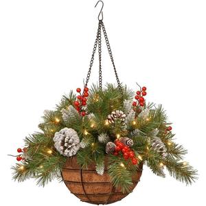 Artificial Christmas Hanging Basket Flocked with Mixed Decorations and Outdoor Decoration,for Decorated with Frosted Pine Cones, Berry Clusters
