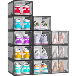 ARSTPEOE 12 Pack Upgrade Harder Shoe Organizer, Shoe Storage with Magnetic Front Door, Clear Shoe Boxes Foldable Space-Saving Shoe Rack for Sneaker Boot Container, Black