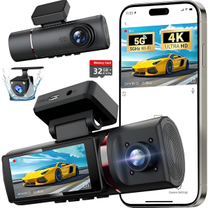 3 Channel 4K WiFi Dash Cam, 4K+1080P+1080P Front Inside and Rear, Triple Dash Camera with 32GB Card, APP Control, G-Sensor, 24 Hours Parking Mode, Loop Recording, Night Vision