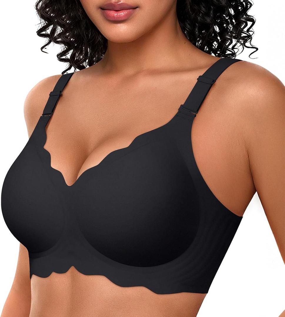 OEAK Women Bras No Underwire Scalloped Push Up Buttery Soft Tshirt Bra Seamless Full Coverage Convertible Everyday Bra (Large, 02 Black)