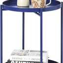 2-Tier Round End Side Table, Small Metal Side Table with Removable Tray, Folding Accent Tables for Living Room, Balcony, Nightstand for Bedroom, Outdoor Tables for Patio, Navy Blue, 15.75" x 20.47"