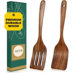 AIUHI Teak Wood Spatula for Cooking, Durable Flat Turner and Slotted Spatula for Nonstick Cookware, Long Handle Natural Wooden Cooking Utensils 2 Pieces