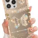 Cute Compatible with iPhone 14 Pro Max Case with Luxury Bling Glitter Butterfly Foldable Stand Kickstand,Glitter Soft PC Mirror Bumper Protective Cover for Women & Girls(Light Gold)