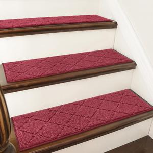 COSY HOMEER Edging Stair Treads Non-Slip Carpet Mat 28inX9in Indoor Stair Runners for Wooden Steps, Edging Stair Rugs for Kids and Dogs, 100% Polyester TPE Backing (15pc, Red)