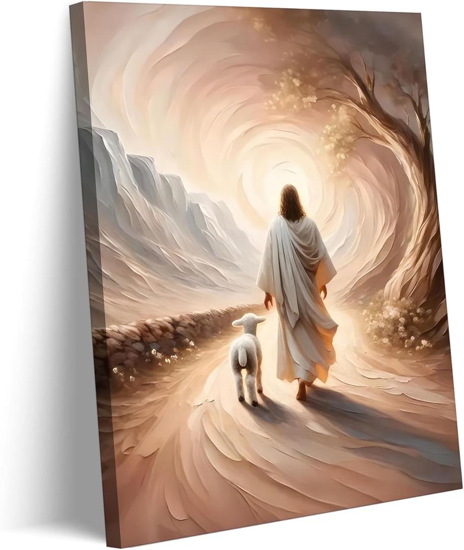 Jesus Leaves The 99 Sheep Canvas Wall Art Jesus And Lamb Picture Wall Decor Christ The Good Shepherd Lost Lamb In Poster Print Painting for Living Room Bedroom Church Home Decoration Prepare To Hang