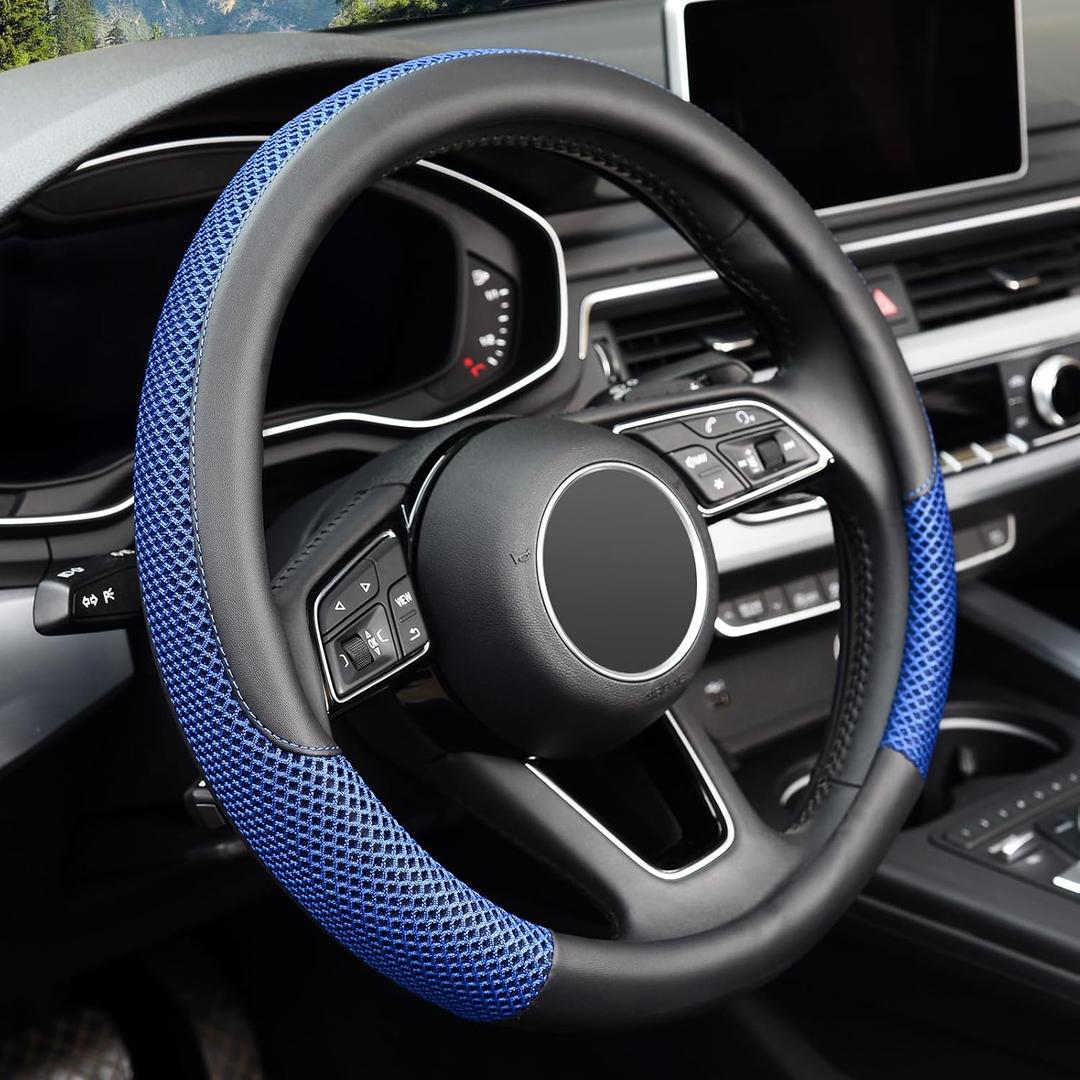 KAFEEK Steering Wheel Cover, Universal 15 inch, Microfiber Leather Viscose, Breathable, Anti-Slip, Warm in Winter and Cool in Summer, Black & Blue
