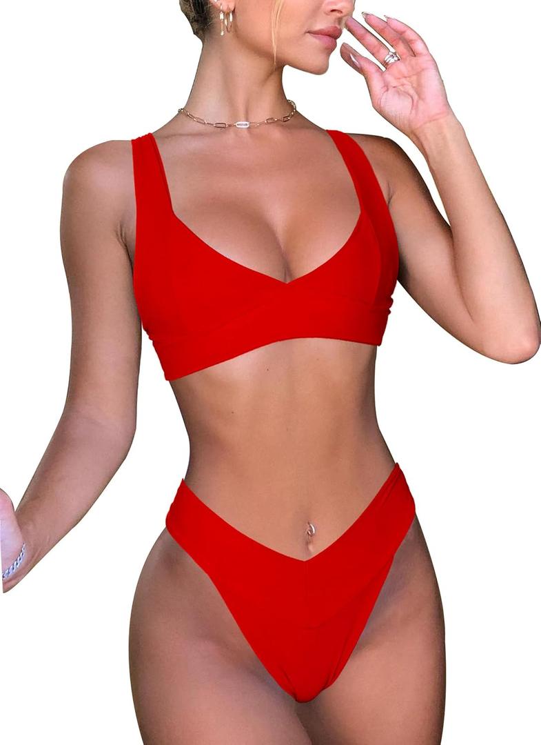 Sexy Bikini Sets for Women V Cut Cheeky Thong Bottom V Neck Adjustable Straps Swimsuit 2 Pieces Bathing Suit, Medium