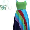 Rainbow Stripe Backless Slip Dress with Green Butterfly Necklace  Trendy Summer Bodycon Outfit (Large)