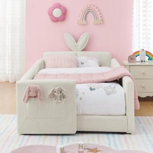 KEIKI Twin Size Upholstered Platform Bed Frame with Cute Rabbit Ear Shaped Headboard and Pocket, for Boys and Girls, Platform Bed with Guardrail and Slats, No Box Spring Required, Easy Assembly, Beige
