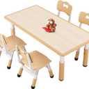 FUNLIO Kids Table and 4 Chairs Set for Ages 3-8, Height Adjustable Toddler Table and Chair Set, Easy to Wipe Arts & Crafts Table, for Classrooms/Daycares/Homes, CPC & CE Approved (5 pcs Set) - Natural, 23.5in*47in