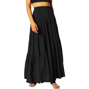 ANRABESS Womens Boho Elastic High Waist Pleated A-Line Flowy Swing Asymmetric Tiered Maxi Long Skirt Dress with Pockets (Medium)