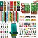 120 PCS Party Favors for Pixel Theme Birthday Party Supplies, Goodie Bag Stuffers Favors includes 50 Stickers, 12 Gift Bags,12 Wristbands,12 Keychains,10 Sword Foil Balloons,12 masks,12 Mini Notepads.