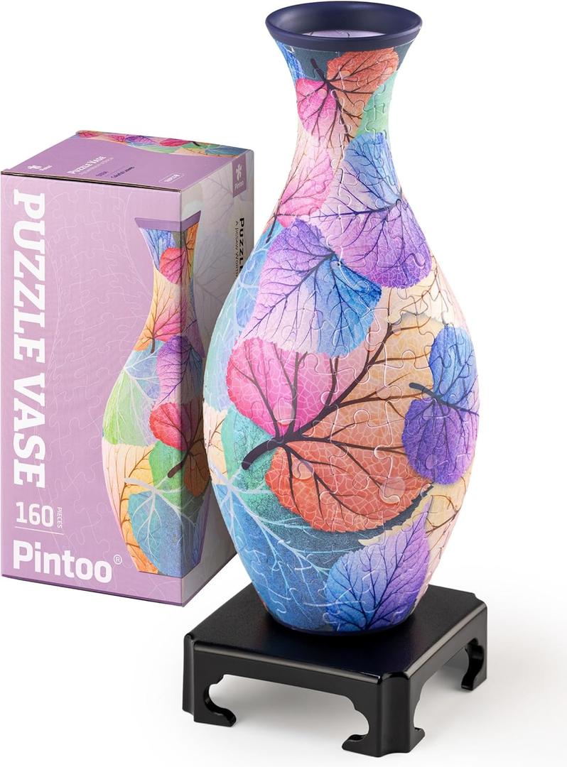 Pintoo 3D Puzzle Vase Unique Flower Vase Made by 160 Curved Plastic Puzzle Pieces House Warming Gift for Flower Arrangements and Home Decoration - [S1034] (Classic, Colorful Leaves)