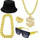 5 Pcs Hip Hop Costume Kits 80s/ 90s Rapper Accessories Outfit Big Chunky Plastic Gold Chain Money Necklace Gold Ring Twist Leg Punk Sunglasses Bucket Hat for Man Women Party Supplies