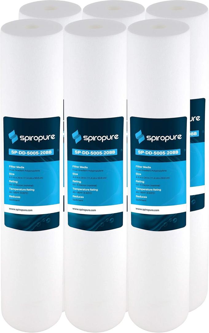 SpiroPure SP-DD-5005-20BB 20x4.5 BB 5 Micron Spun Melt-Blown Polypropylene Water Filter Cartridge SDC-45-2005 DGD-5005-20 155358-43 (Case of 6)