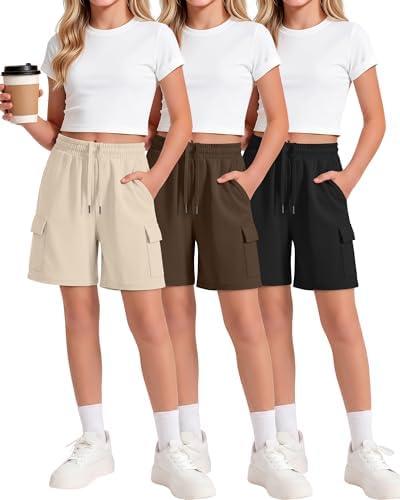Ficerd 3 Pack Girls Cargo Shorts Kids Summer Bermuda Shorts Teen Knee Length Athletic Loose Unisex Sweat Shorts Apricot, Coffee, Black, 13-14 Years