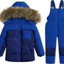 JiAmy Kids 2 Piece Snowsuit Set Girl Winter Hooded Puffer Jacket & Snow Bib Pants Boy Ski Suits Ultralight Outfit (4-5T, Navy Blue)