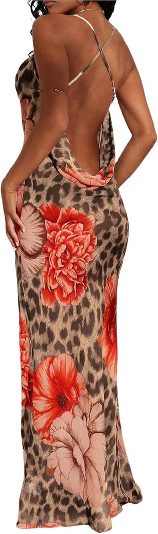 GORGLITTER Women's Leopard Cheetah Print Bodycon Maxi Dress Backless Floral Draped Y2K Cami Dresses (Medium, Brown Multicolor)