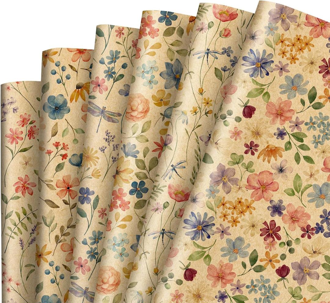 12 Sheets Spring Floral Kraft Wrapping Paper -Not Roll- Watercolor Wild Flower Gift Wrap Paper Folded Flat for Baby Shower Birthday Party DIY Crafts, 19.7 x 27.6 Inch