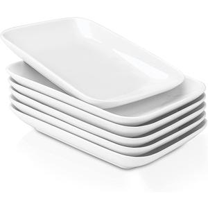 DELLING 8 Inch Rectangular Appetizer Plates, Salad Plates Set, Ceramic Dessert Plates, Small Serving Plates for Salad, Appetizer, Snack, Sushi - Microwave, Oven, and Dishwasher Safe - Set of 6, White