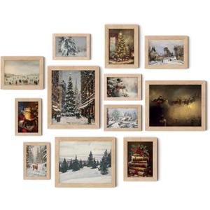 TwoDays Vintage Christmas Wall Art, Moody Winter Xmas Aesthetic Poster for Room Decor, Santa Reindeer Pine Tree Gallery Painting Artwork Prints (8" X 10" Largest, Set of 12, Wooden Framed)