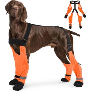 Adjustable Dog Suspender Boots & Hiking Shoes, Waterproof Winter Snow Gear Boots with Anti-Slip Sole, Reflective Snowsuit Design That Helps Stay On for Cold Weather Adventures (Orange, Large)