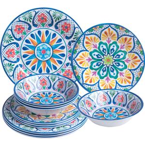 Melamine Dinnerware Sets, 12-Piece Dinner Dishes Set for 4, Durable & Non Breakable Plates Bowls Set, Shatterproof BPA-Free Dishware for Outdoor Dining,Picnic,Camping,RVPaisley Design