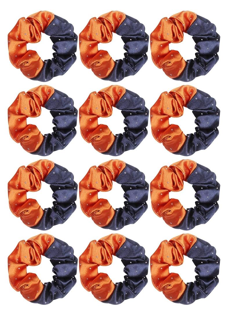 Cheerleader Hair Scrunchies, 4.5 Inches, 12 Pack, Satin Silk Ponytail Holders (Navy Blue/Orange)