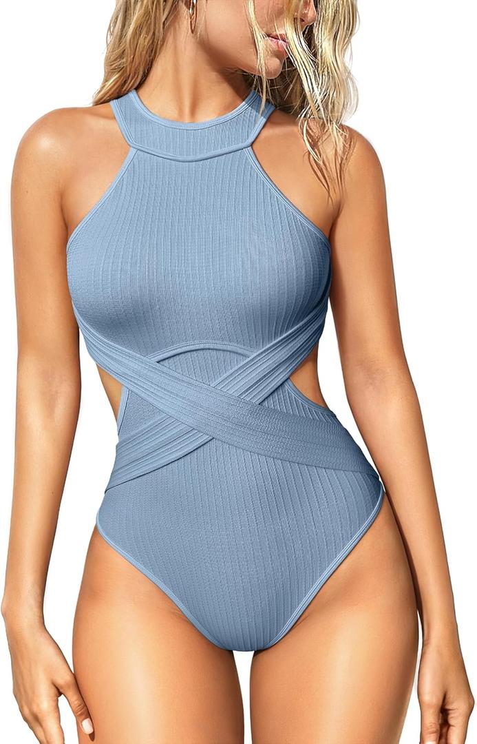 OQQ Women's One Piece Swimsuits Tummy Control High Waisted Cross Bathing Suit Wrap Tie Back 1 Piece Swimwear (Medium, Haze Blue)