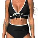 ZAFUL Womens High Waisted Bikini Sets Sexy V Neck Two Piece Swimsuit Cute Bow Ruched Bathing Suit (Black, L)