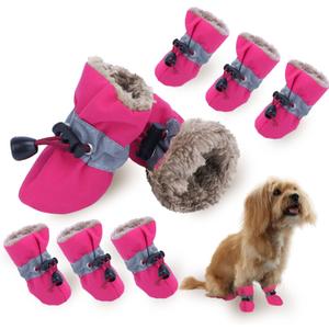 Dog Boots Paw Protectors,Small Dog Winter Boots Shoes,with Anti-Slip Sole and Plush for Warm Snow Outdoor Walking,Pack of 8(Pink+Pink,Size 6)
