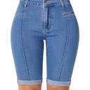 roswear Women's Jean Shorts Stretchy Skinny Knee Length Bermuda Shorts with Front Seam Indigo494 Blue Medium