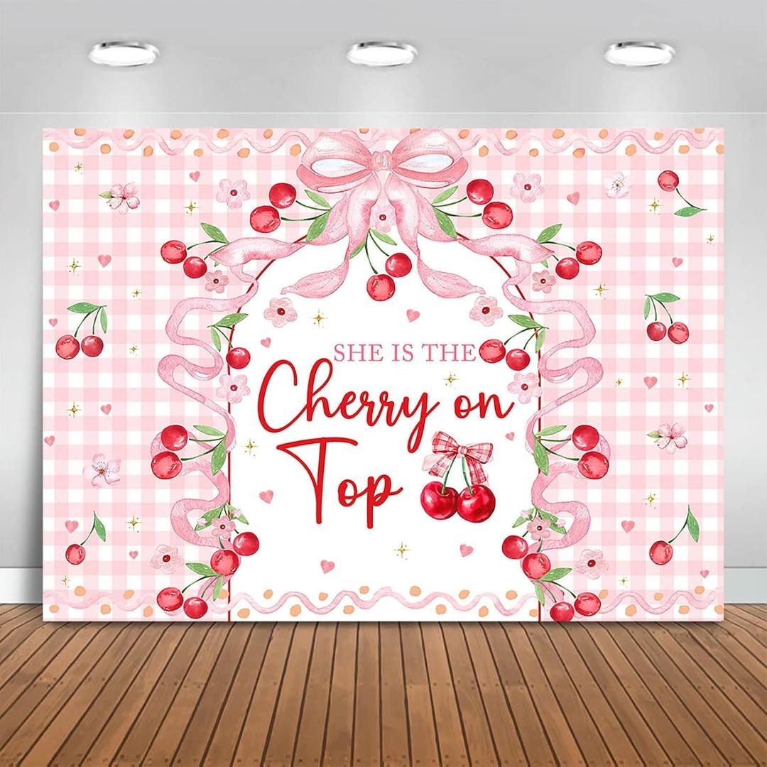 She's The Cherry on Top Baby Shower Backdrop 7x5ft Pink Bow Baby Shower Background Party Decorations for Girl Cherry Birthday Bridal Shower Banner Photo Booth Props