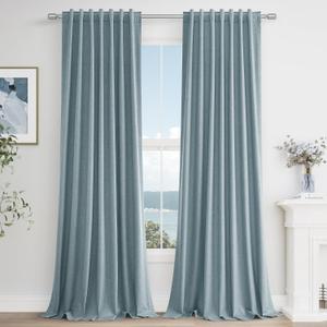 Guken Blue Linen Blackout Curtains 90 Inch Length 2 Panels Set for Living Room Bedroom Back Tab Thermal Insulated 100% Black Out Linen Drapes Room Darkening Window Curtains 90 Inches Long Dusty Blue
