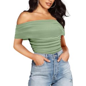 SAUNGKUAI Women's Sexy Off Shoulder Mesh Sleeveless Bodysuit Double Lined Leotard Thong Body Suits Going Out Tops (X-Large, Olivegreen)