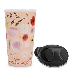 Lighthouse Christian Products Thankful and Blessed 12 ounce Ceramic Stoneware Travel Tumbler Mug, Blush Pink Floral