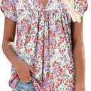 onlypuff Summer Tops for Women 2025 Cute Floral Blouses Dressy Casual Pleated Tshirts Shirts RedPurple Prints 2XL