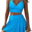 Pink Queen Women's High Waisted Bikini Set Two Piece Swimsuit V Neck Spaghetti Straps Swim Skirt Bathing Suit (Medium, Light Blue)