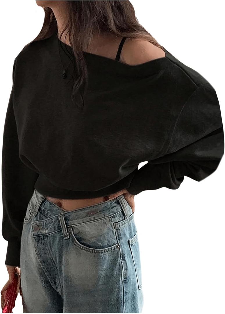 SweatyRocks Women's Off The Shoulder Sweatshirt Casual Long Sleeve Pullover Crop Tops (Black) S