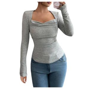 SHENHE Women's Long Sleeve Cowl Neck Shirts Draped Slim Fit Y2k Going Out Tops Blouses Light Grey Medium (M)