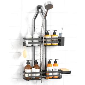 Shower Caddy Hanging for Handheld Showerheads, Adjustable Rustproof Black Shower Organizer with No Drilling Storage, Hooks, Soap & Toothbrush Holder for Bathroom