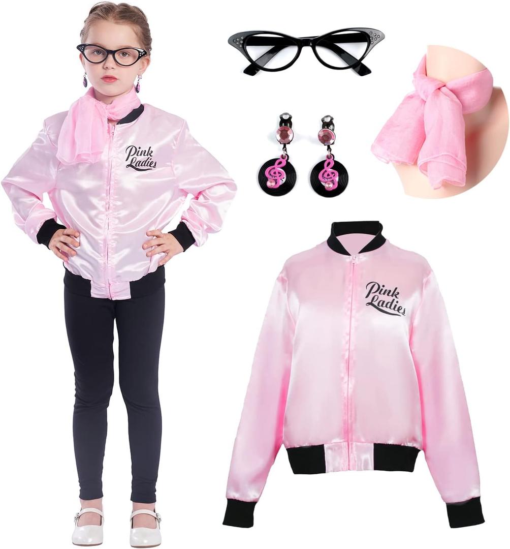 Sincere Party Pink Satin Jacket Back to the 50s Costume for Girls with Glasses,Scarf,Earrings (Small(4-6))